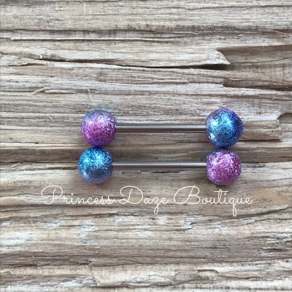 Purple Blue Galaxy Glitter Nipple Barbell Set 14G‎ Body Jewelry